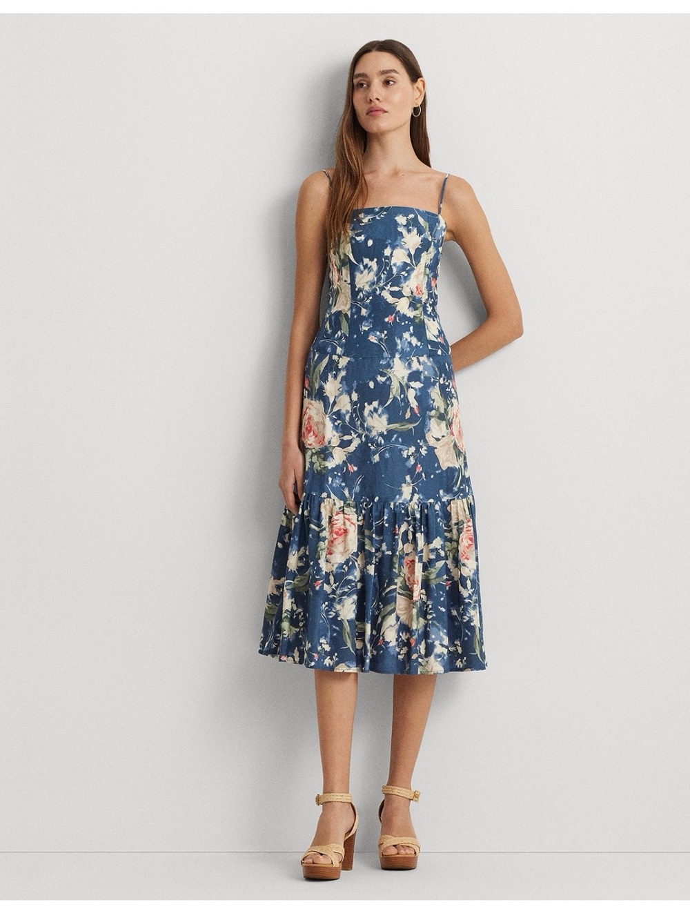 Lauren Ralph Lauren Blue Floral Midi Dress with Spaghetti Straps